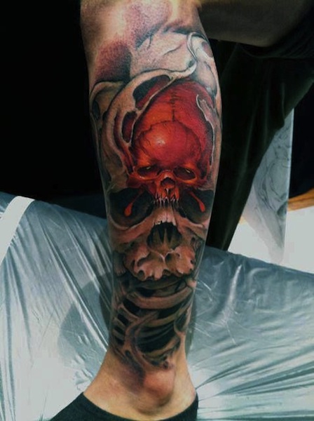 Attractive 3D Skull Tattoo On Left Leg