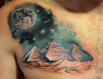 Attractive Pyramids With Moon Tattoo On Man Right Front Shoulder