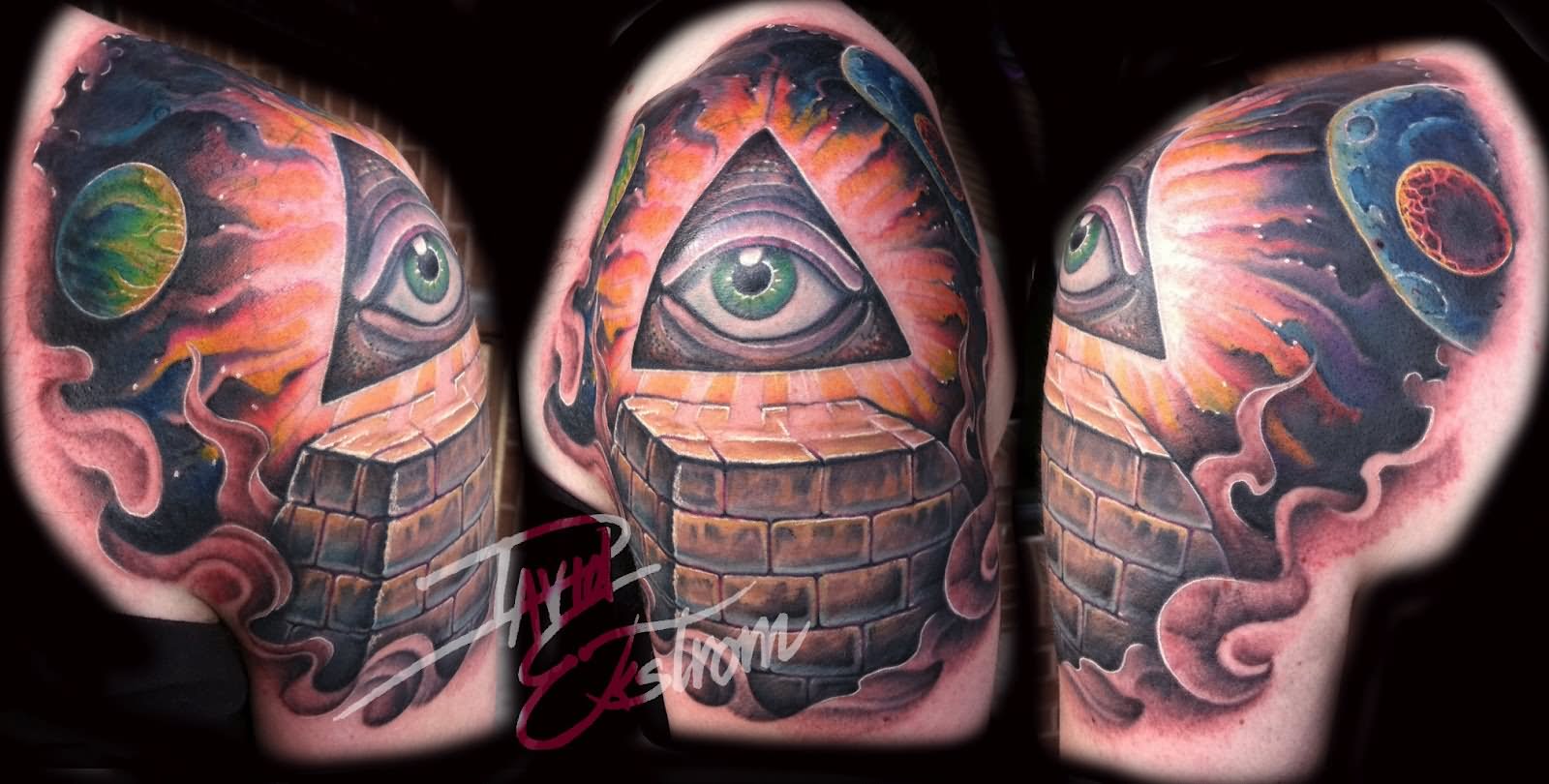 Awesome Eye Pyramid Tattoo Design For Shoulder