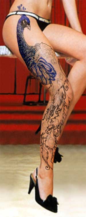 Awesome Peacock Tattoo On Girl Right Full Leg