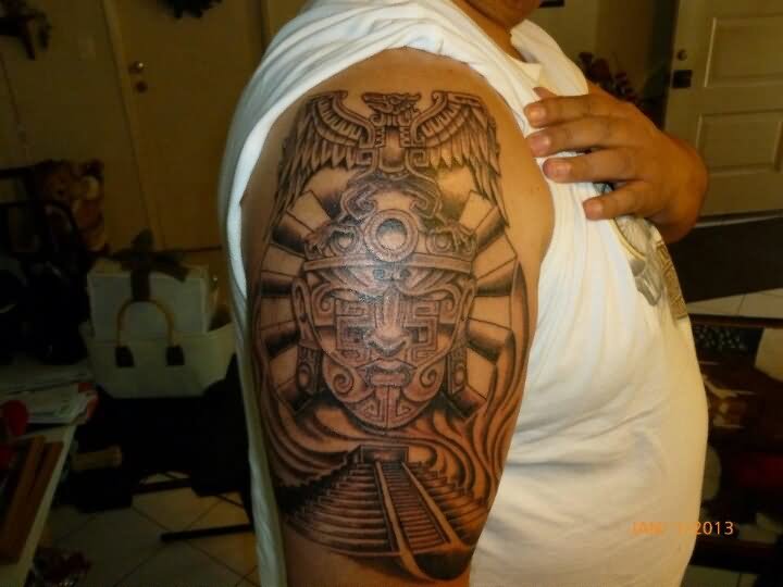 Aztec Mask With Pyramid Tattoo On Man Right Half Sleeve