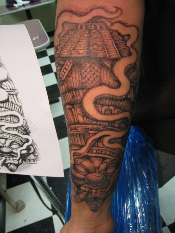 Aztec Pyramid Tattoo On Forearm