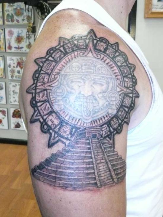 Aztec Pyramid Tattoo On Man Right Shoulder
