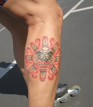 Aztec Sun Tattoo On Right Leg Calf