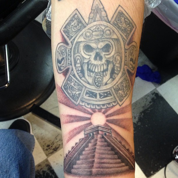 Aztec Sun With Pyramid Tattoo Design For Sleeve