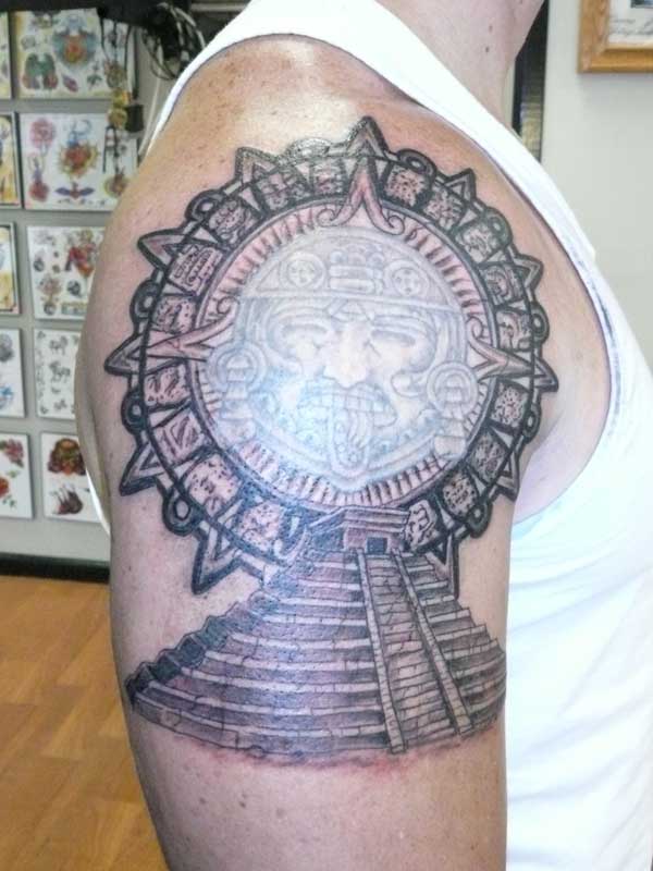 Aztec Sun With Pyramid Tattoo On Man Right Half Sleeve