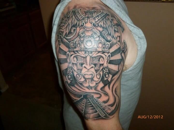 Aztec Warrior Mask With Pyramid Tattoo On Man Right Half Sleeve