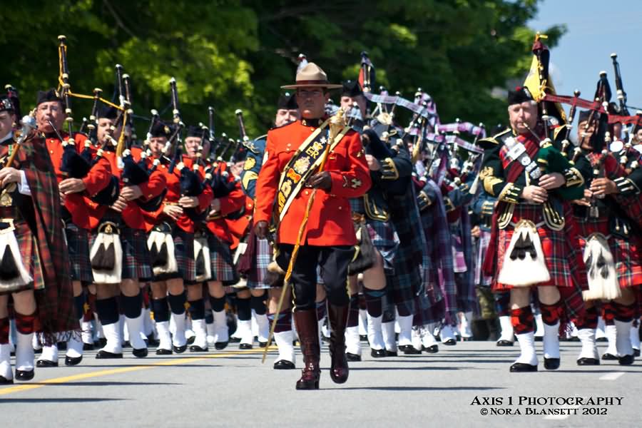 Bagpipers Taking Part In Canada Day Parade