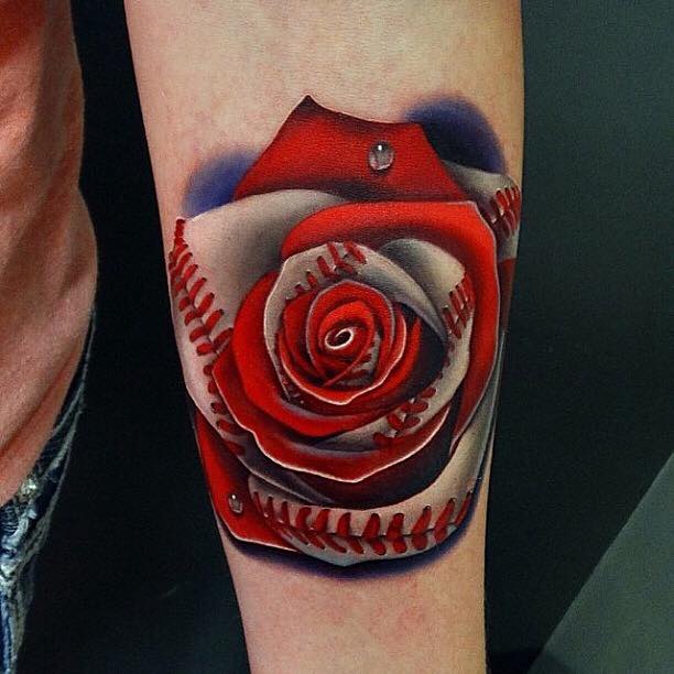 Baseball Themed Rose Sports Tattoo by Andres Acosta