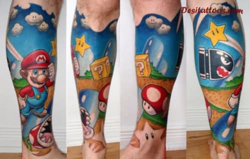 Beautiful Mario Video Game Tattoo On Leg