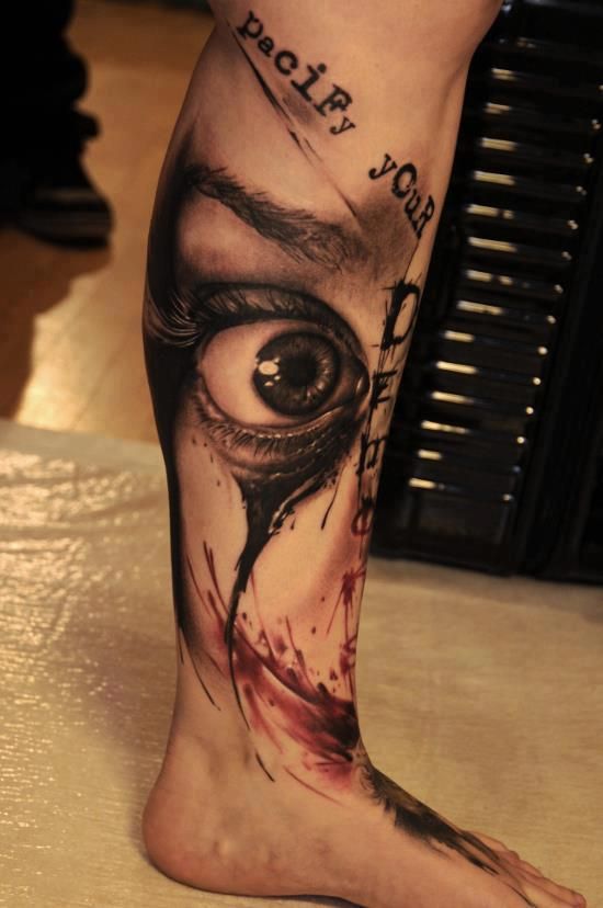Black And Grey 3D Eye Tattoo On Left Leg