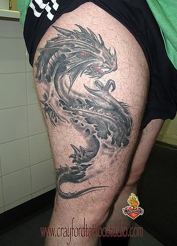 Black And Grey Dragon Tattoo On Right Leg