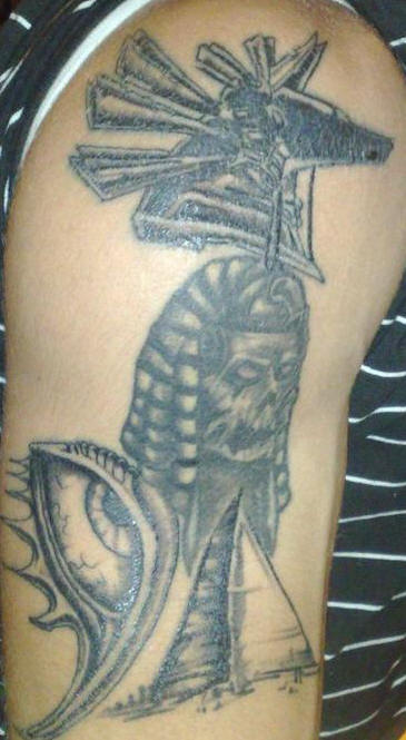 Black And Grey Egyptian Tattoo On Bicep