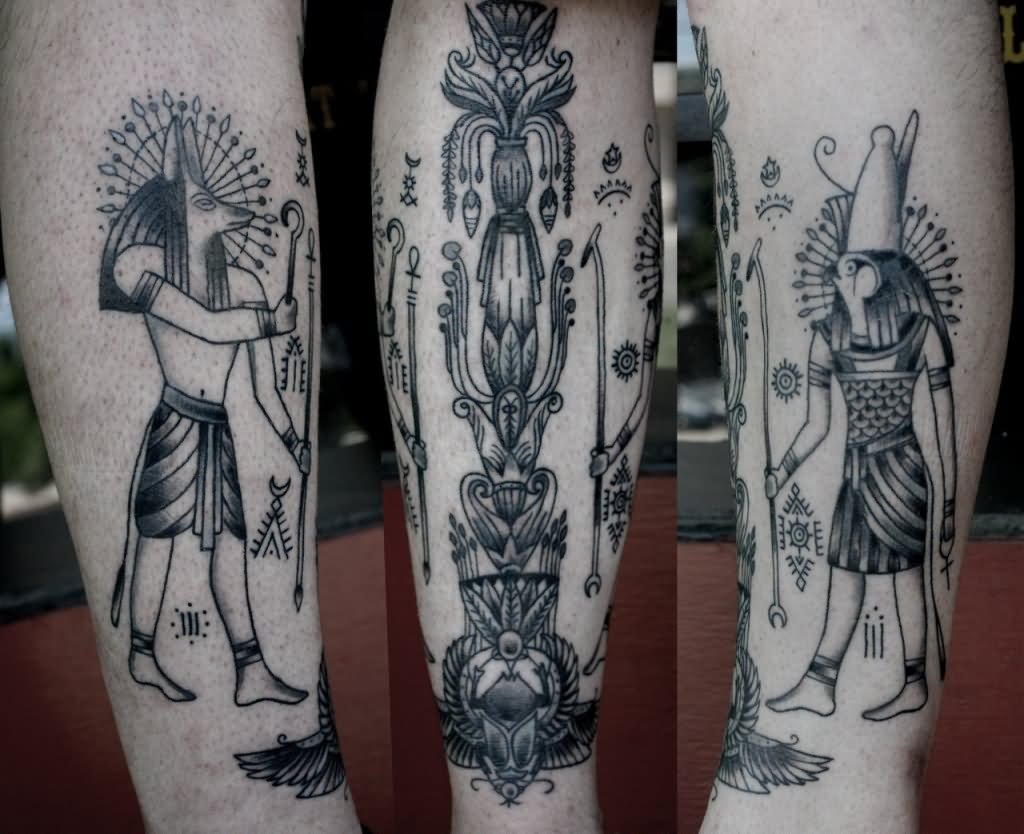 Black And Grey Egyptian Tattoo On Leg Sleeve
