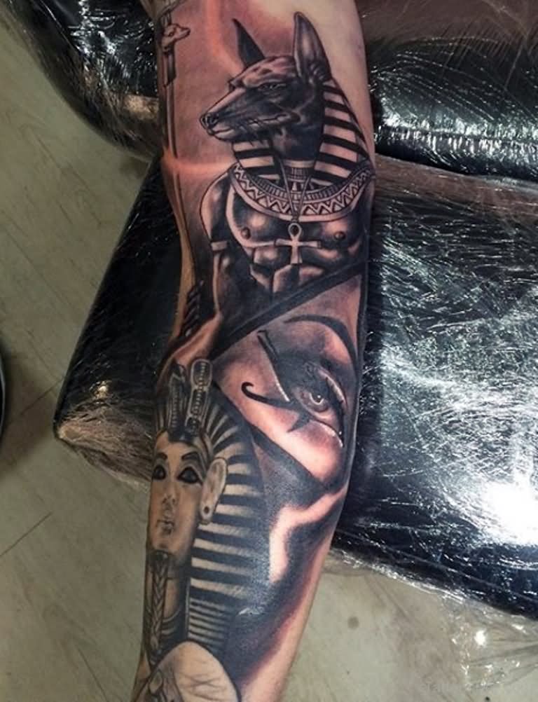 Black And Grey Egyptian Tattoo On Sleeve