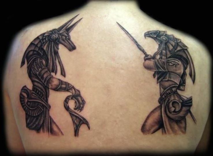 Black And Grey Egyptian Tattoos On Back Shoulders