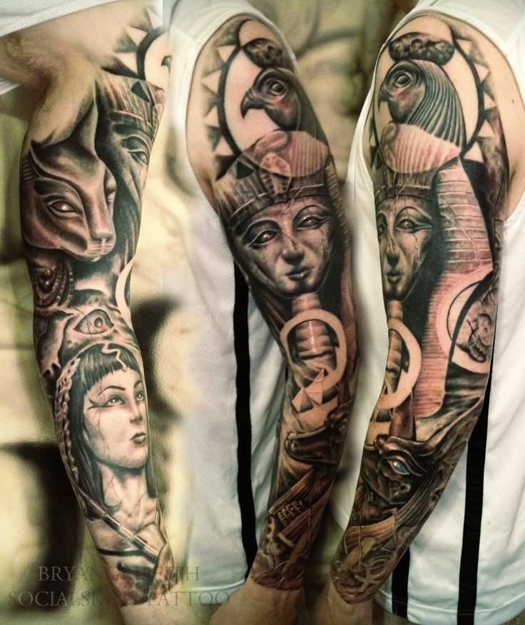 Black And Grey Egyptian Tattoos On Left Sleeve by Brian Griffith