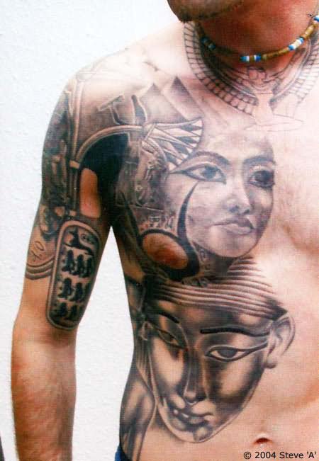 Black And Grey Egyptian Tattoos On Side Rib