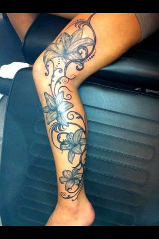 Black And Grey Flowers Tattoo On Left Full Leg