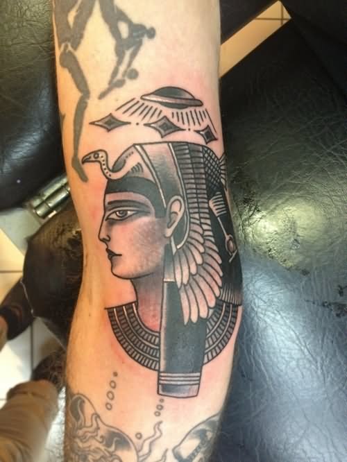 Black And Grey Ink Egyptian Tattoo On Sleeve