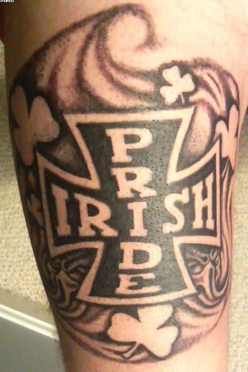 Black And Grey Irish Pride Tattoo On Arm Sleeve.
