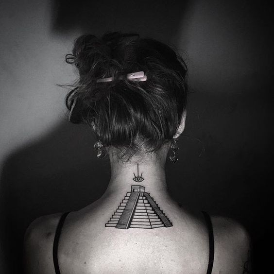 Black And Grey Mayan Pyramid Tattoo On Girl Back Neck