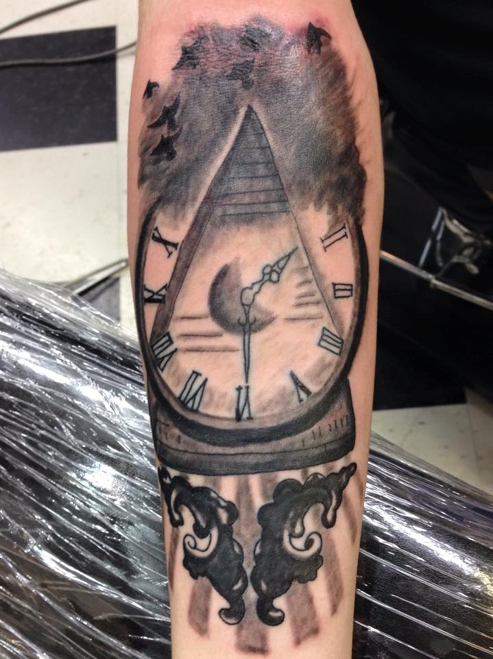 Black And Grey Pyramid Clock Tattoo Design For Arm By Brett Hessom