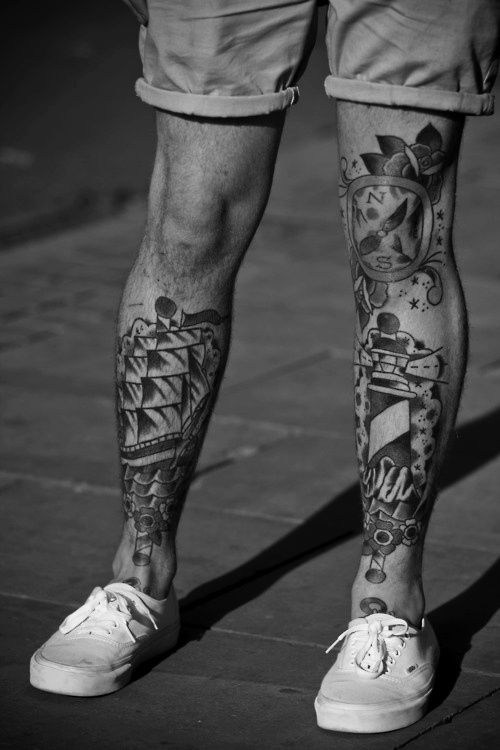 Black And Grey Ship Tattoo On Both Leg