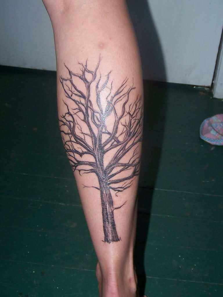 Black And Grey Tree Without Leaves Tattoo On Right Leg Calf