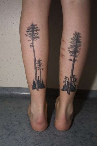Black And Grey Trees Tattoo On Both Leg Calf