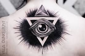 Black And Grey Triangle Eye Tattoo Design For Upper Back