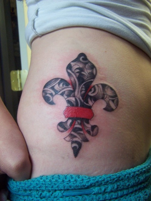 Black And Red Fleur De Lis Tattoo On Side Rib