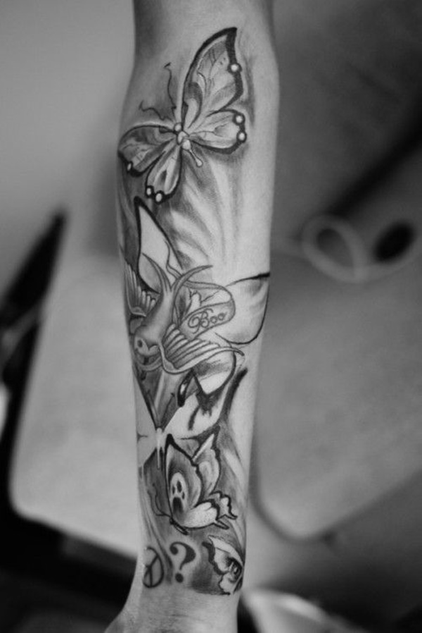 Black And White Butterflies With Flying Birds Tattoo Design For Leg