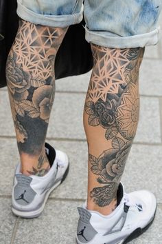 Black And White Flowers Tattoo On Both Leg Calf