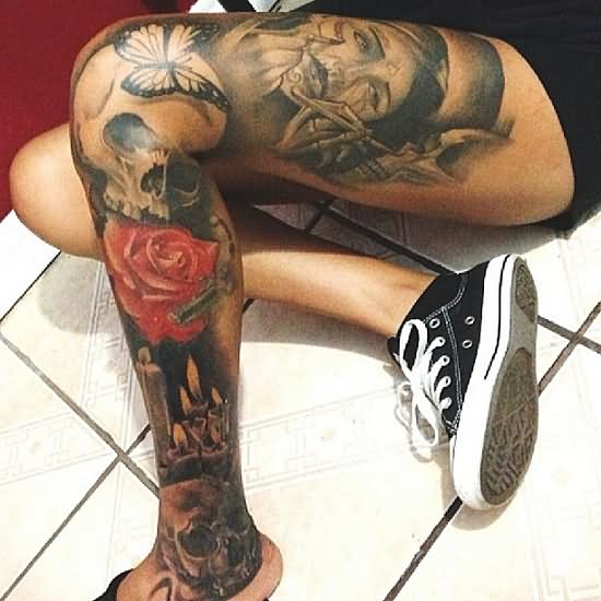 Black And White Girl Face With Skull Tattoo On Left Full Leg