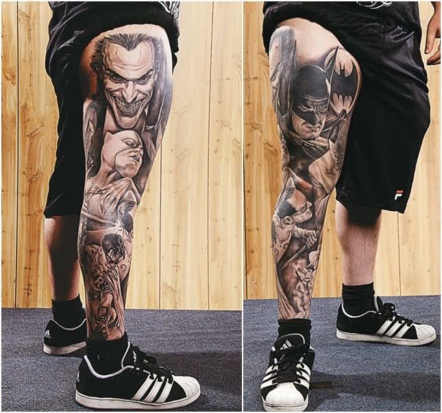 Black And White Joker And Batman Face Tattoo On Right Full Leg