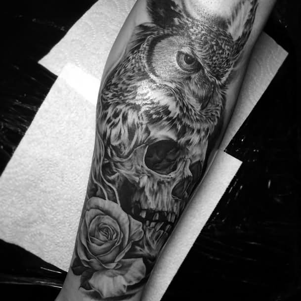 Black And White Skull Owl With Rose Tattoo Design For Leg