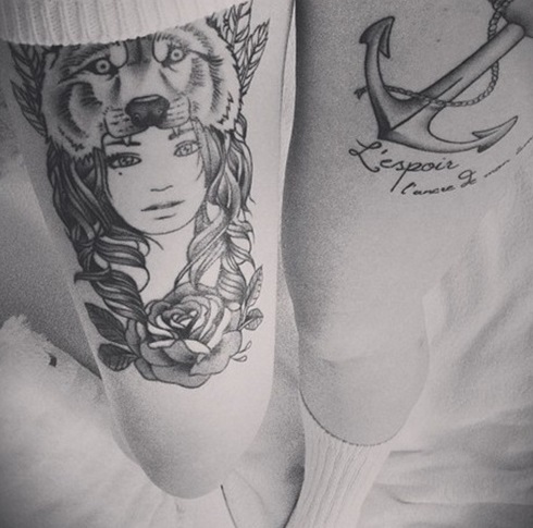 Black And White Wolf Head Girl Face With Rose Tattoo On Right Upper Leg