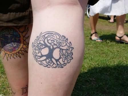 Black Celtic Tree Tattoo On Leg Calf