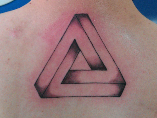 Black Ink 3D Triangle Tattoo Design For Upper Back