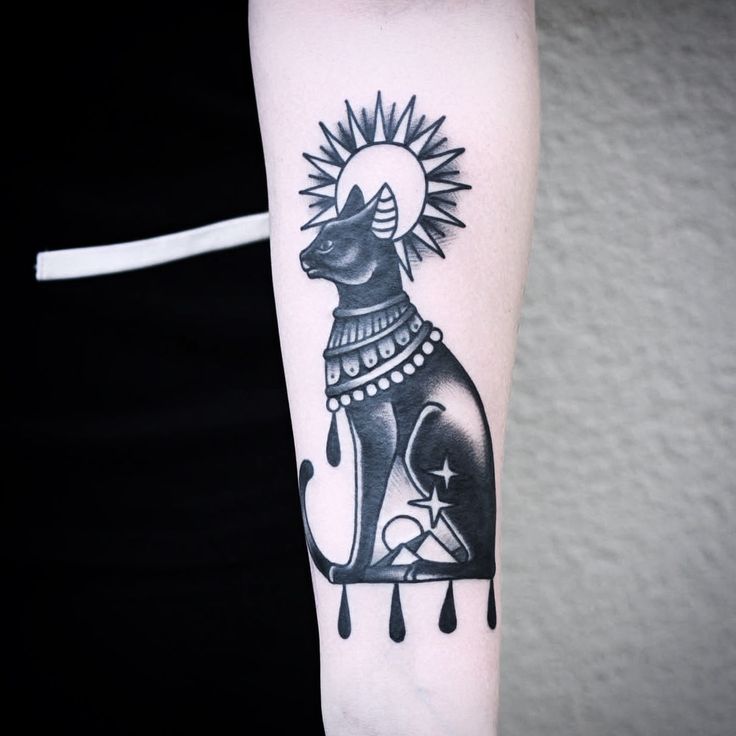 Black Ink Bastet Egyptian Tattoo On Left Arm