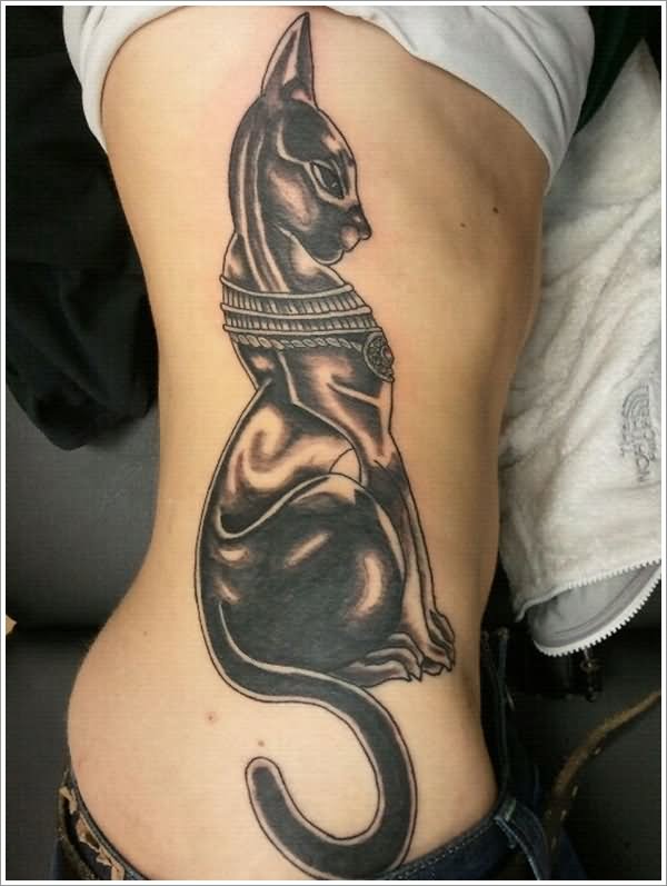 Black Ink Bastet Egyptian Tattoo On Side Rib