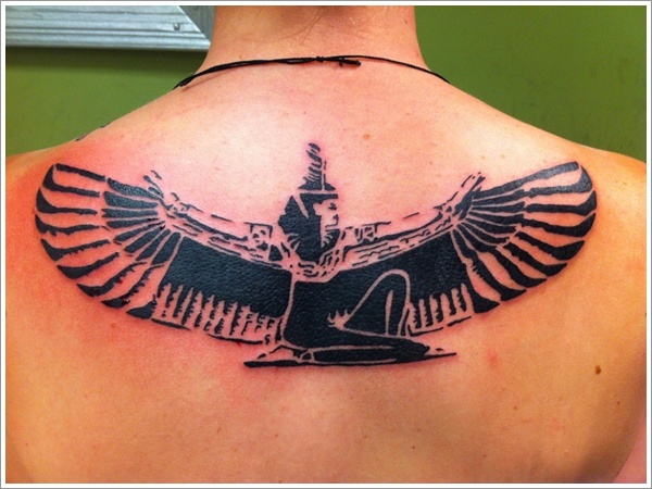 Black Ink Egyptian Tattoo On Upper Back