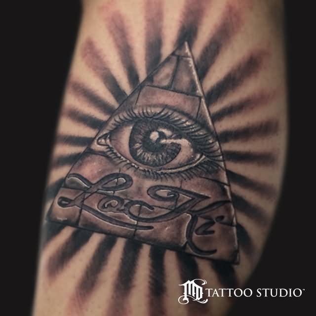 Black Ink Eye In Pyramid Tattoo Design For Sleeve