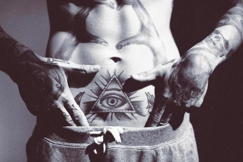 Black Ink Eye In Pyramid Tattoo On Man Stomach