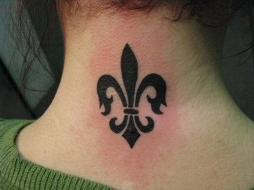 Black Ink Fleur De Lis Tattoo On Nape