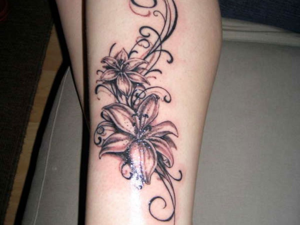 Black Ink Flowers Tattoo Design For Leg