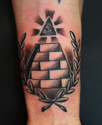 Black Ink Illuminati Eye Pyramid Tattoo Design For Wrist