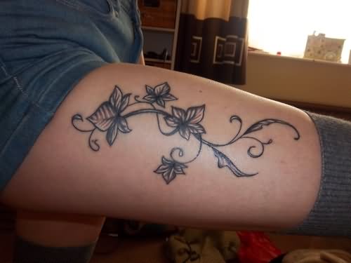 Black Ink Ivy Vine Tattoo On Thigh