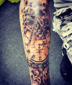Black Ink Pyramid Clock Tattoo Design For Sleeve